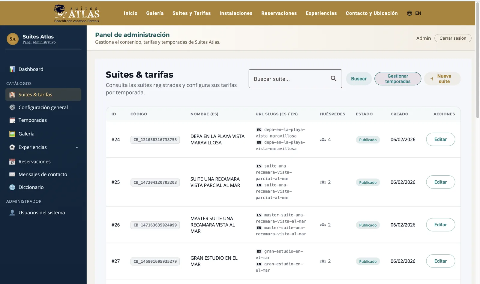 Suites Atlas admin panel 4